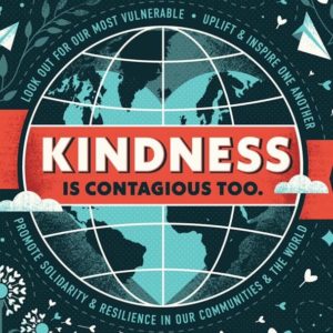 Facebook group logo, showing a graphic of a globe bear a red banner that says "Kindness is contagious too"