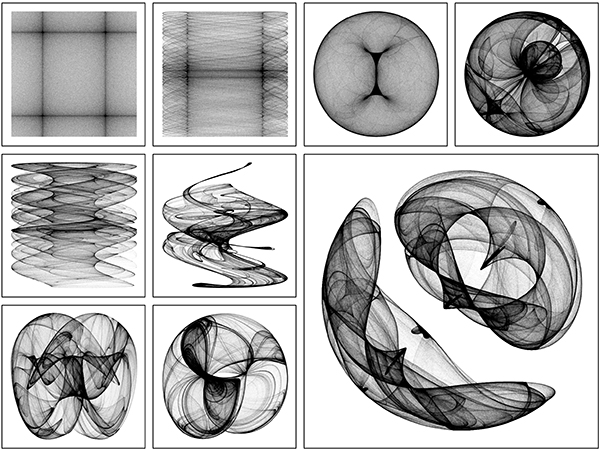 Several images of black-and-white art showing interlacing lines and shapes created by computer algorithms