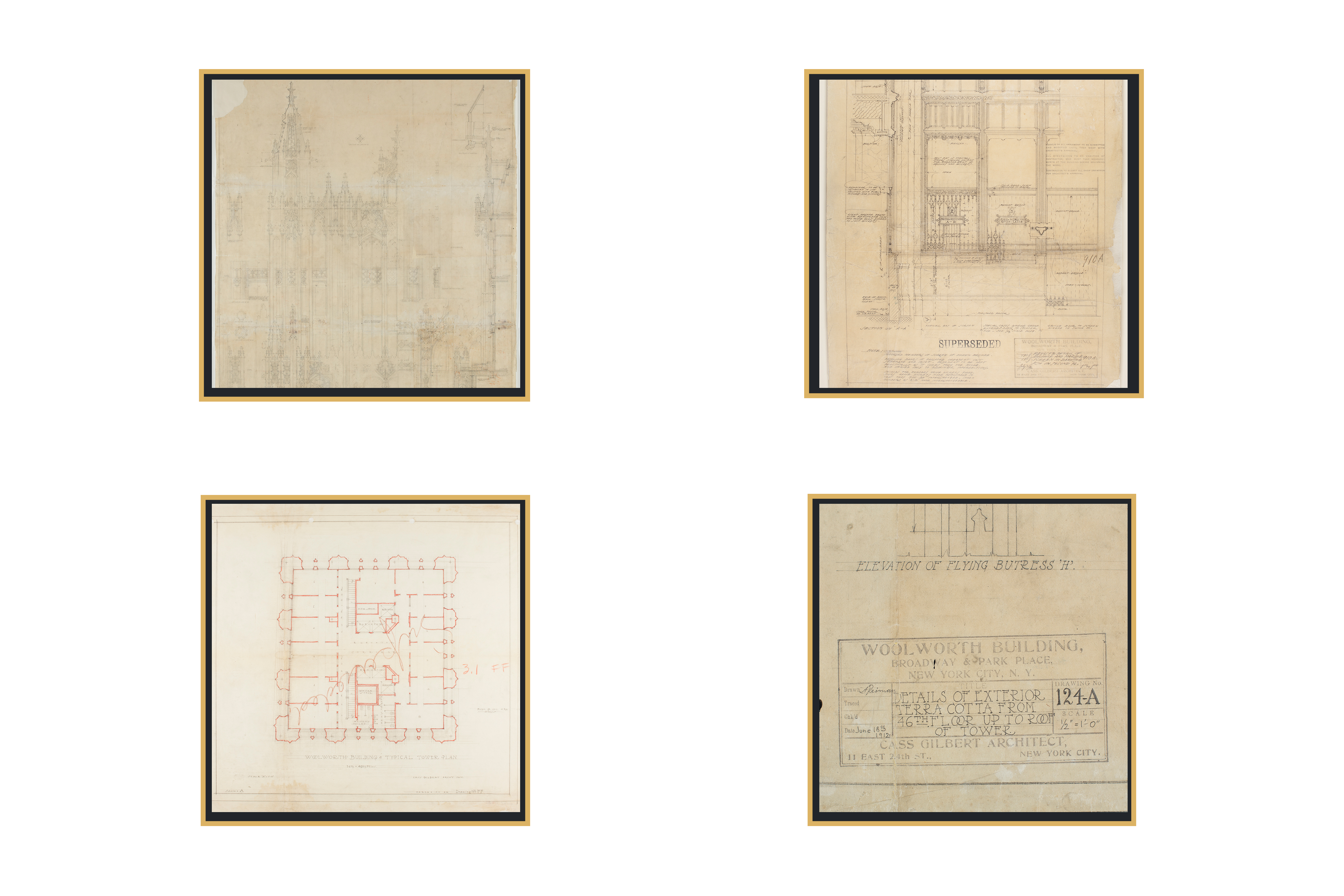 working drawings of the Woolworth Building by Cass Gilbert, architect, showing features of the building's exteriors, an interior floor plan, and a label identifying the building