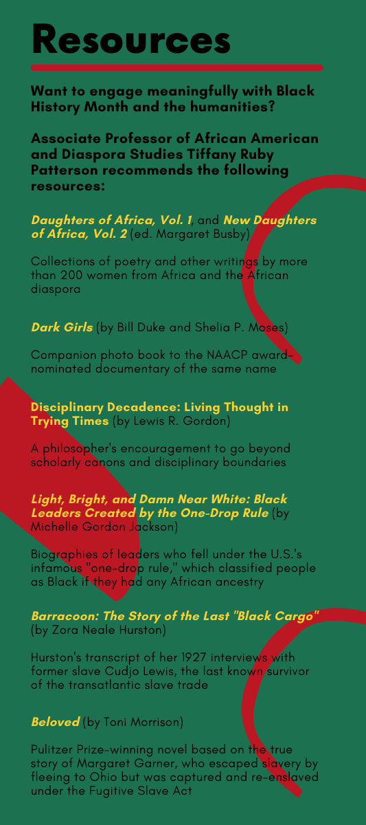 Want to engage meaningfully with Black History Month from a humanities perspective? Tiffany Patterson, associate professor of African American and Diaspora Studies, history, and American studies, recommends the following resources. • Daughters of Africa, Vol.1 and New Daughters of Africa , Vol.2 ed. Margaret Busby Collection of poetry and other writings by more than 200 women from Africa and the African diaspora • Dark Girls by Bill Duke and Shelia P. Moses Companion photo book to NAACP award-nominated documentary of same name • Born in Slavery: Slave Narratives from the Federal Writers’ Project, 1936-1938 Library of Congress collection, created by the Depression-era Federal Writers’ Project, of more than 2,300 first-hand accounts of slavery and 500 photos of former slaves • Disciplinary Decadence: Living Thought in Trying Times by Lewis R. Gordon A philosopher’s encouragement to scholars to go beyond canons and disciplinary boundaries to fulfill the true purposes of their fields • Light, Bright and Damn Near White: Black Leaders Created by the One-Drop Rule by Michelle Gordon Jackson Biographies of 19th- and 20th-century leaders who fell under the U.S.’s infamous “one-drop rule,” which classified individuals as Black if they had any African ancestry • Barracoon: The story of the Last “Black Cargo” by Zora Neale Hurston Hurston’s transcription of her 1927 interviews with former slave Cudjo Lewis, last known survivor of the transatlantic slave trade • Beloved by Toni Morrison Pulitzer Prize-winning novel based on the true story of Margaret Garner, who escaped slavery by fleeing to Ohio but was captured and re-enslaved under the Fugitive Slave Act