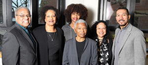 Group photo of faculty at the dedication of Vanderbilt's Callie House Research Center: Vanderbilt's Houston Baker, Tiffany Patterson, Tracy Sharpley-Whiting, Allice Randall, and Gilman Whiting, and University of Pennsylvania's Mary Frances Berry, all dressed in black, gray, and white