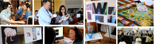 collage of images of exhibitors talking with participants at posters and laptop computers panel discussion, artwork, and a board game