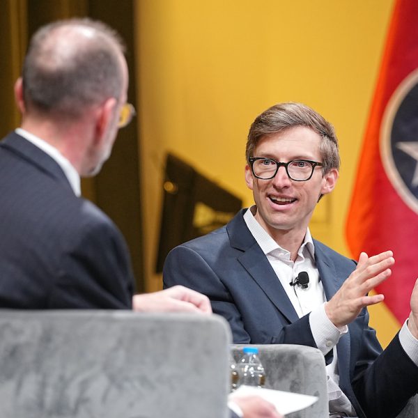 Douglas Adams, Executive Director, Institute of National Security, Vanderbilt University; Distinguished Professor of Civil and Environmental Engineering and Professor of Mechanical Engineering, Vanderbilt University; and Chris Miller, Professor, Tufts University; Senior Fellow, American Enterprise Institute; Member, Geopolitics Advisory Council, McKinsey & Company talking during the Institute of National Security 2025 Summit on Modern Conflict and Emerging Threats. Photo: Harrison McClary/Vanderbilt University