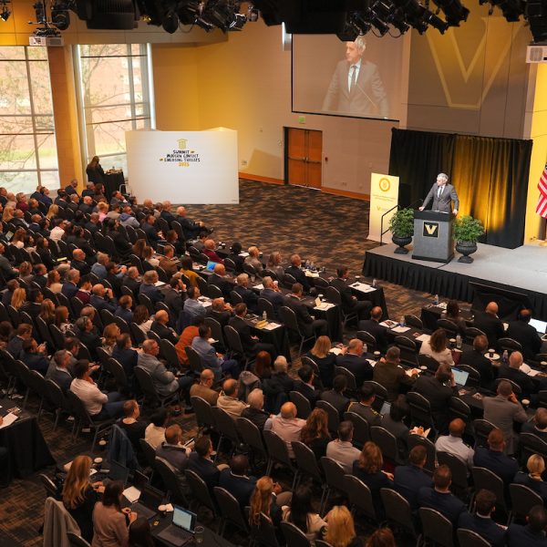 Chancellor Daniel Diermeier addresses the Institute of National Security 2025 Summit on Modern Conflict and Emerging Threats. Photo: Harrison McClary/Vanderbilt University
