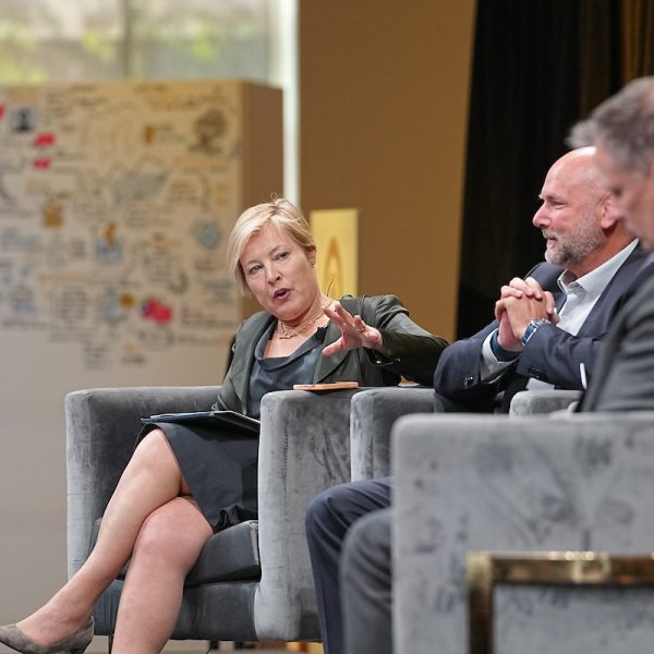 Gillian Tett, Provost, King’s College, Cambridge, Columnist and Editorial Board Member, Financial Times; Michael Brasseur, Chief Strategy Officer, Saab, Inc., General Manager, Skapa by Saab; Lizza Dwoskin, Silicon Valley Correspondent, The Washington Post; Ron Keesing, Chief AI Officer, Leidos; Joe P. Larson III, Senior Vice President, National Security Operations, Anduril Industries talking during the Institute of National Security 2025 Summit on Modern Conflict and Emerging Threats. Photo: Harrison McClary/Vanderbilt University