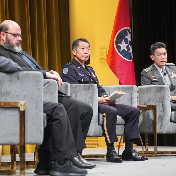 General Paul M. Nakasone (Ret.), Founding Director of Vanderbilt Institute of National Security; Karl Hanmore, First Assistant Director and Chief Technology Officer, General Mission Capability, Australian Signals Directorate, Australian Government; Major General Akitsugu Kimura, Commanding General, Japan Self-Defense Forces Cyber Defense Command (JCDC); Major General Lee Yi-Jin, Chief of Digital and Intelligence Service; Director Military Intelligence, Singapore Armed Forces (SAF) talking during the Institute of National Security 2025 Summit on Modern Conflict and Emerging Threats. Photo: Harrison McClary/Vanderbilt University