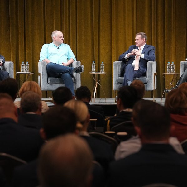 Lieutenant General Ed Cardon (Ret.); Andrew Moore, Founder, Lovelace AI; Admiral Michael Rogers (Ret.), Senior Fellow, Northwestern University Kellogg School of Management, Former U.S. Cyber Command Commander; Jesse Spencer-Smith, Associate Dean for Partnerships and Innovation for the College of Connected Computing; Chief Data Scientist and Interim Director for the Data Science Institute; Professor of the Practice of Computer Science, Vanderbilt University talk during the Institute of National Security 2025 Summit on Modern Conflict and Emerging Threats. Photo: Harrison McClary/Vanderbilt University