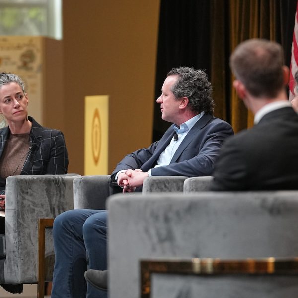 Julie Wernau, Reporter, Wall Street Journal; David Graham, Biosecurity Programs Lead and Distinguished Scientist, Oak Ridge National Laboratory; Robert L. Grossman, Director, Center for Translational Data Science at the University of Chicago; Ethan Jackson, Senior Director, Strategic Missions and Technologies, Microsoft; Cristina Martina, Research Associate Professor, Meiler Lab, Vanderbilt University; Jennifer Roberts, Director, Resilient Systems, ARPA-H talk during the Institute of National Security 2025 Summit on Modern Conflict and Emerging Threats. Photo: Harrison McClary/Vanderbilt University