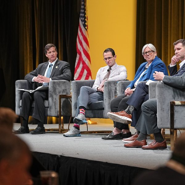 Lieutenant General Charlie “Tuna” Moore (Ret.); Sue Gordon, Former Principal Deputy Director of National Intelligence; Will Roper, CEO, Istari, Distinguished Professor of the Practice, Distinguished Professor of the Practice, Georgia Institute of Technology; Peter Singer, Senior Fellow, New America and Managing Partner, Useful Fiction; General Glen VanHerck (Ret.), Founder and Principal, Glen VanHerck Advisors talking during the Institute of National Security 2025 Summit on Modern Conflict and Emerging Threats. Photo: Harrison McClary/Vanderbilt University