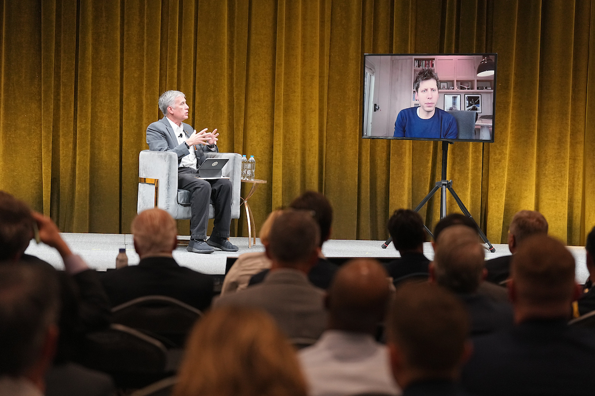 General Paul M. Nakasone (Ret.), Founding Director of Vanderbilt Institute of National Security talks with Sam Altman, CEO, OpenAI (Virtual) Institute of National Security 2025 Summit on Modern Conflict and Emerging Threats. Photo: Harrison McClary/Vanderbilt University