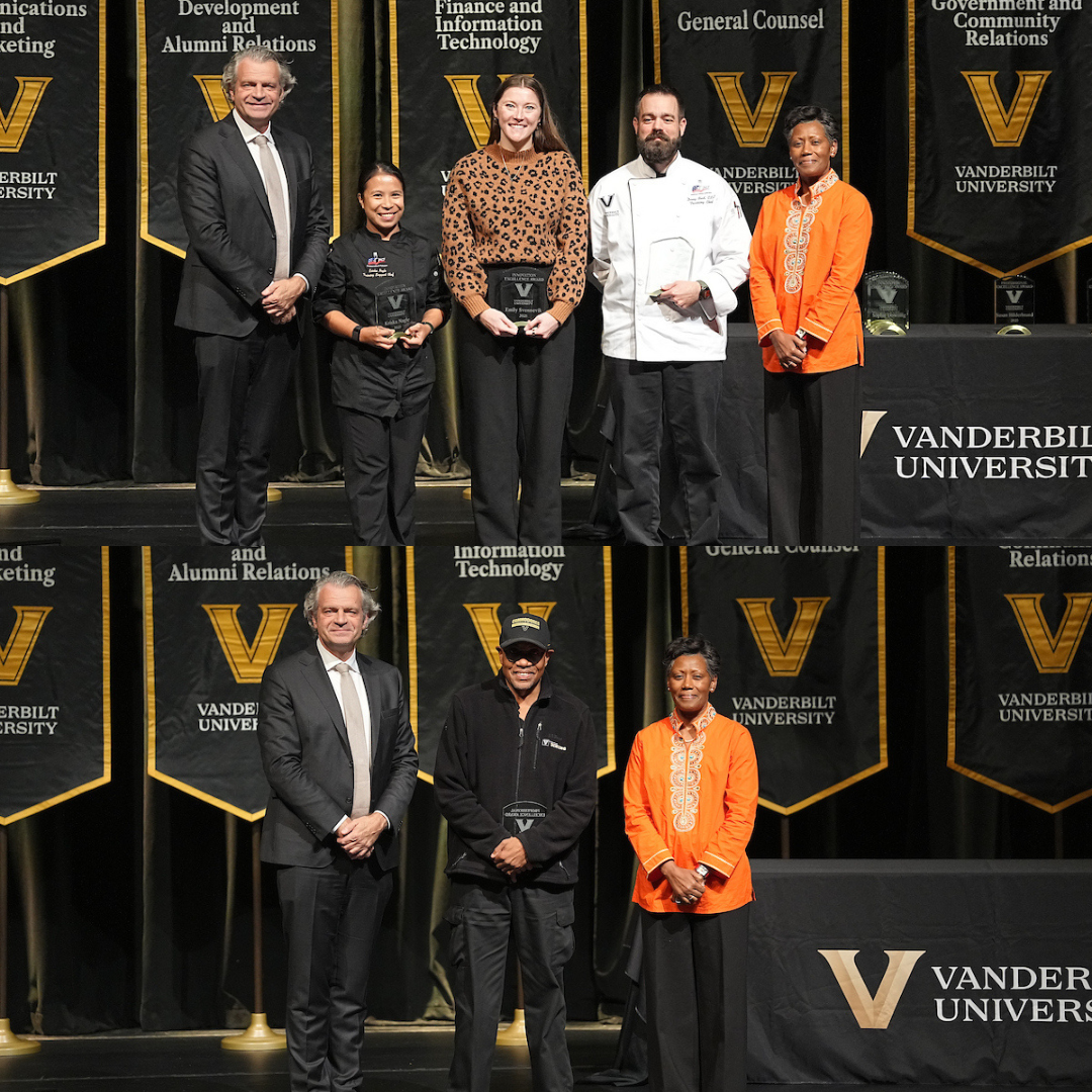 Pictured: Image is split of two photos from the 2025 Fall Staff Assembly; top is the Campus Dining Training team and bottom is James Knight. Both photos show the Campus Dining staff with Chancellor Diermeier and Sydney Savion.