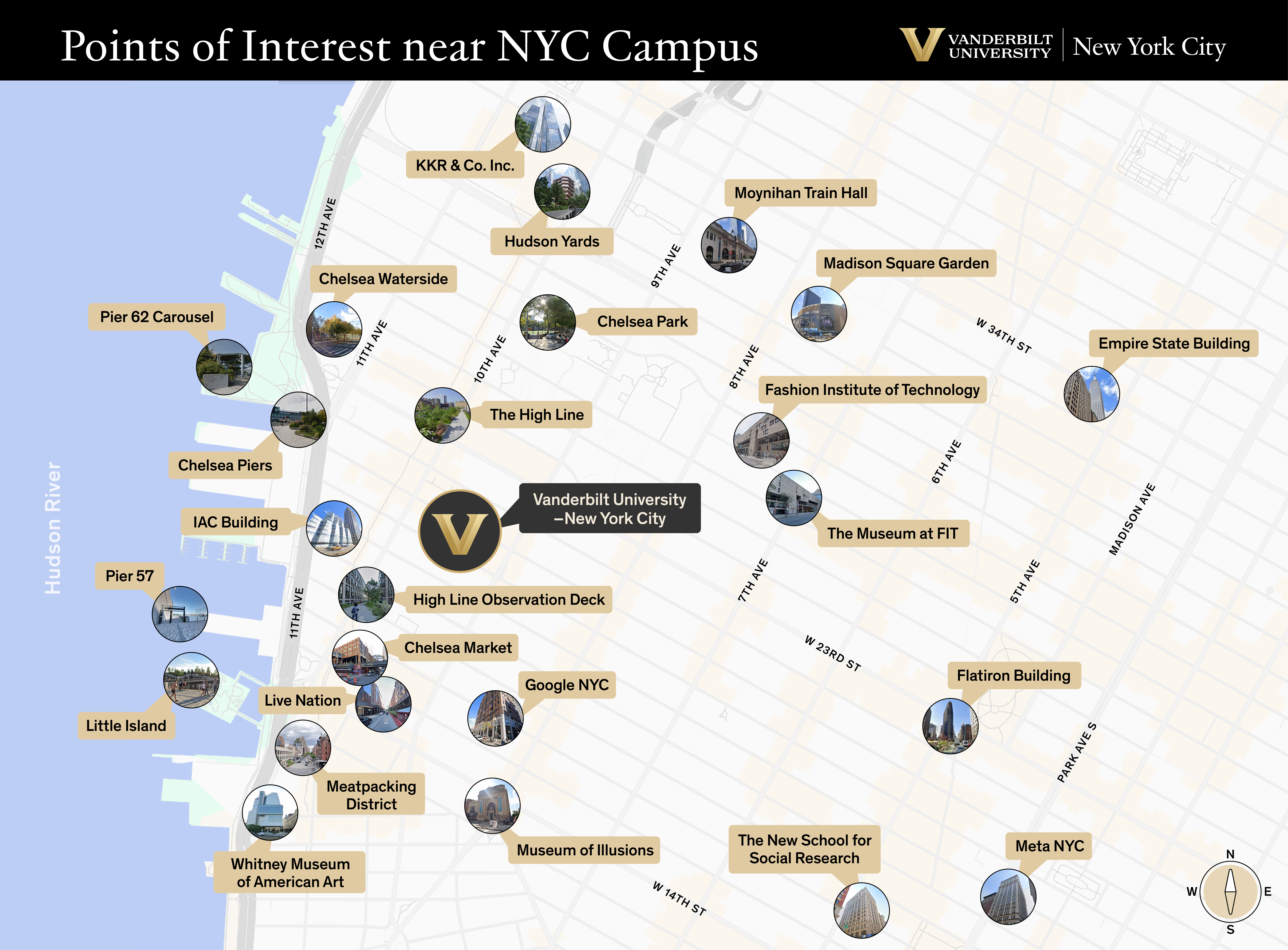 Map of Vanderbilt's NYC campus and surrounding points of interest
