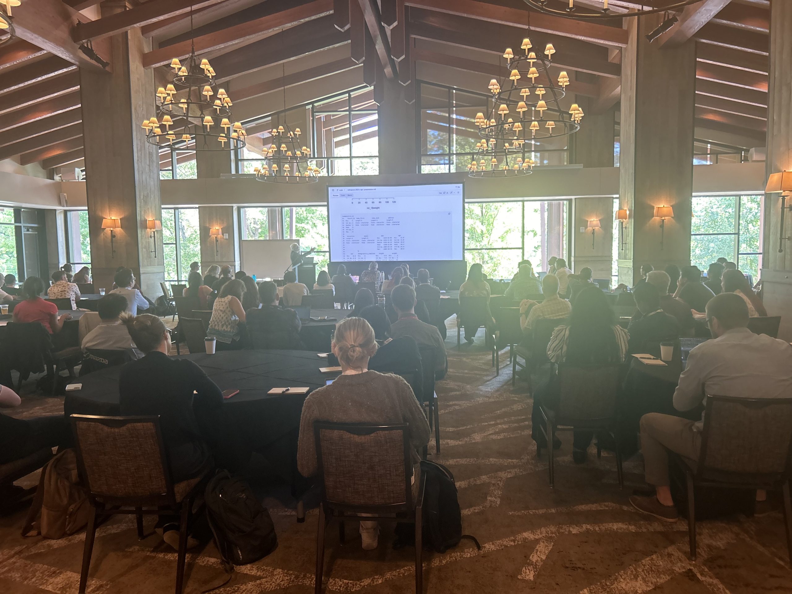View from rear of full carpeted conference room with man gesturing to slide projection