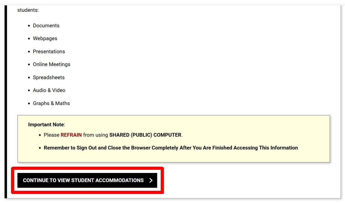 screenshot of the commodore access portal's continue to view student accommodations button