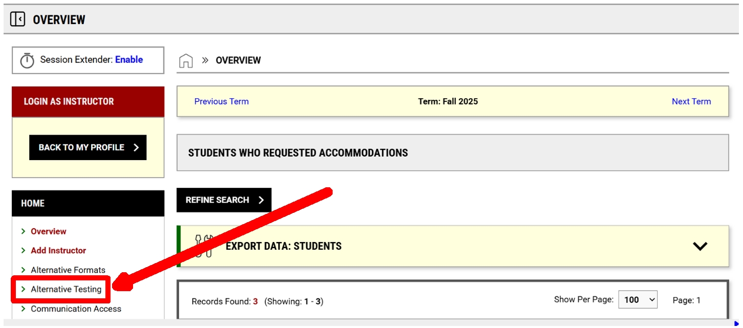 screenshot of the commodore access portal with an arrow pointed to the left side menu and the alternative testing link highlighted