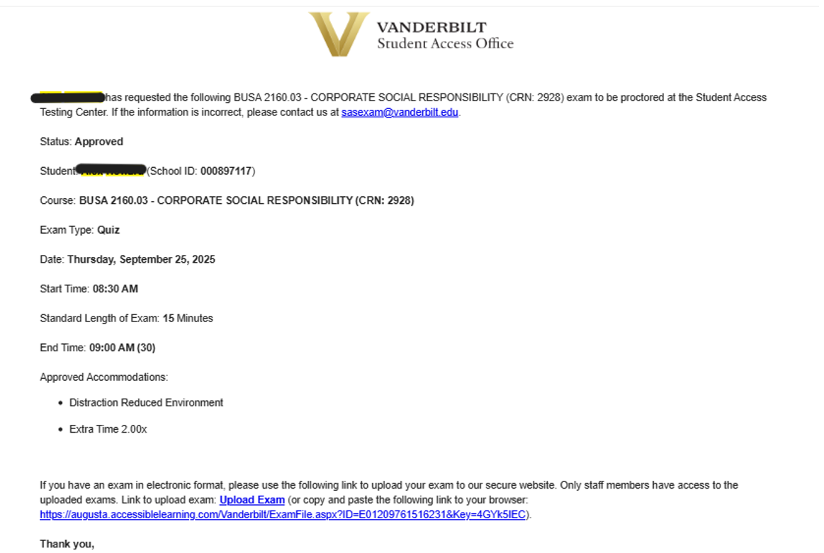 screenshot of email notification after the alternative testing agreement has been completed