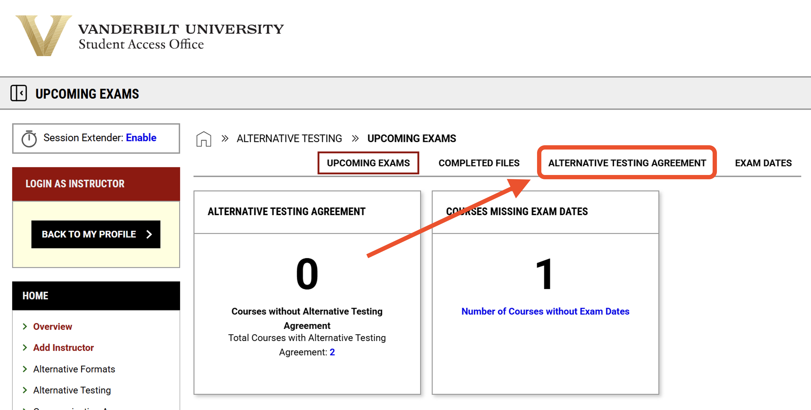 Alternative testing section of the portal with the alternative testing agreement link highlighted at the top right