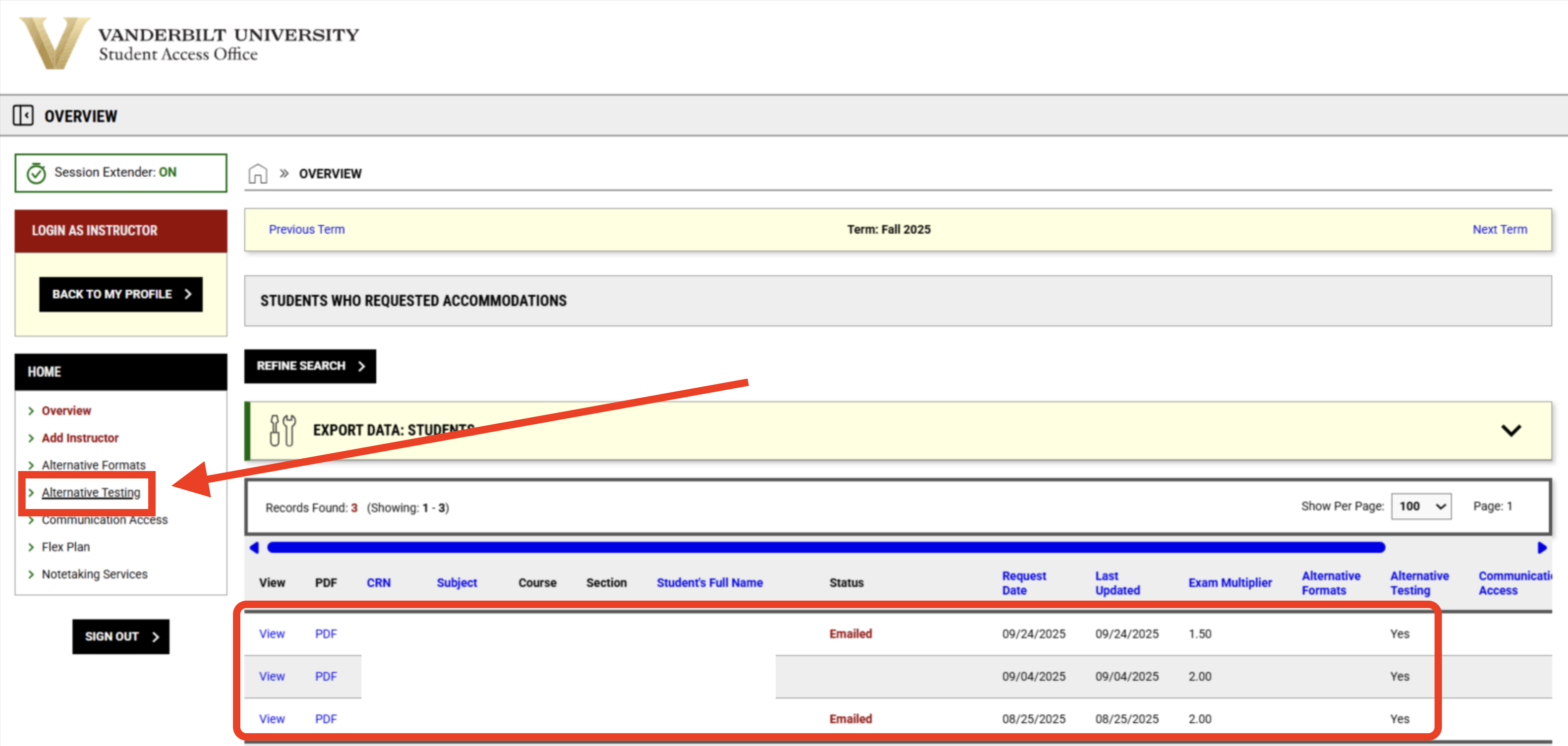 screenshot of alternative testing section with the list of student accommodations highlighted